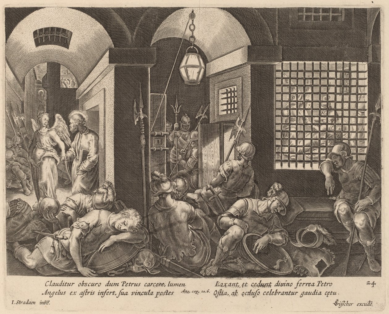 Sankt Peter befriad från fängelset av en ängel av Philip Galle after Jan van der Straet
