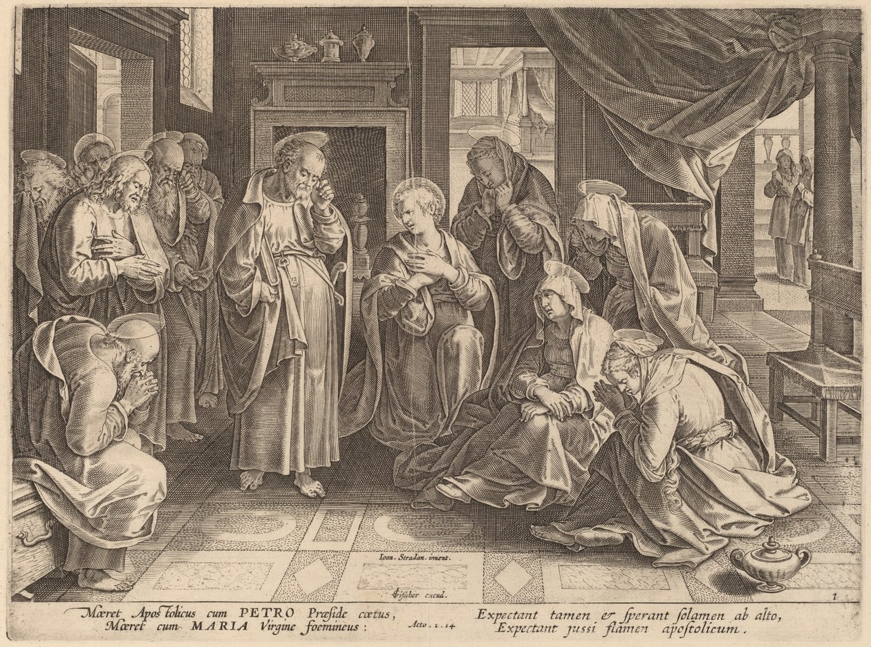Apostlarnas och kvinnornas möte i överrummet av Philip Galle after Jan van der Straet