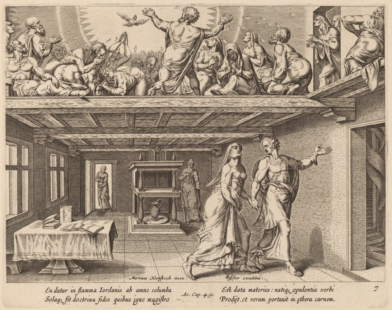Och de var alla fyllda av den Helige Anden av Philip Galle after Maerten van Heemskerck