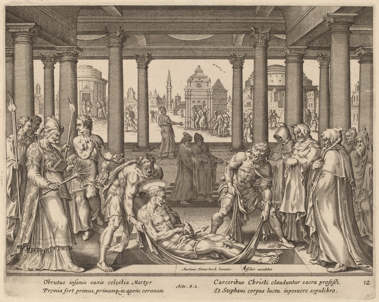 Troende män som bär Saint Stephen till hans begravning av Philip Galle after Maerten van Heemskerck