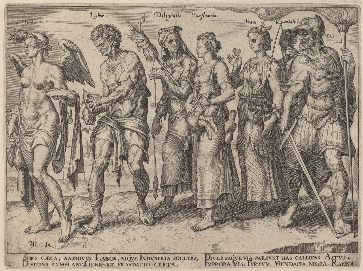 Tur, arbete, flit, sparsamhet, bedrägeri (ärliga och oärliga sätt att bli rik) av Philip Galle, after Maerten van Heemskerck
