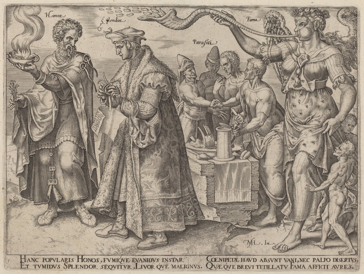 Heder, prakt, parasiter, berömmelse (Rikdomens bedrägliga effekter) av Philip Galle, after Maerten van Heemskerck