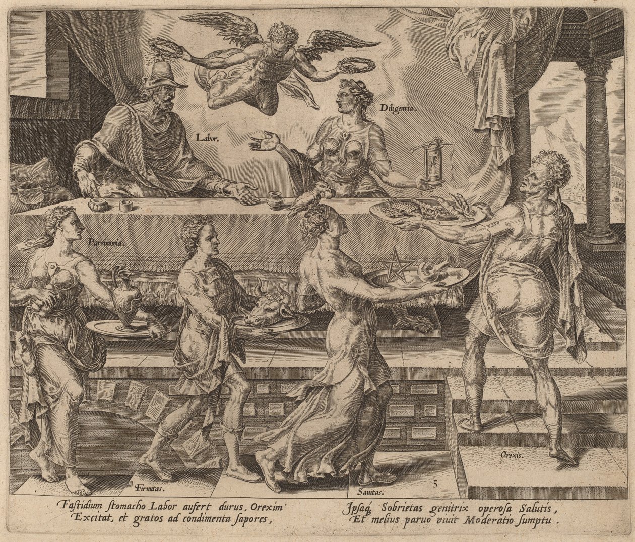 Arbete och flit njuter av sin enkla måltid av Philip Galle after Maerten van Heemskerck