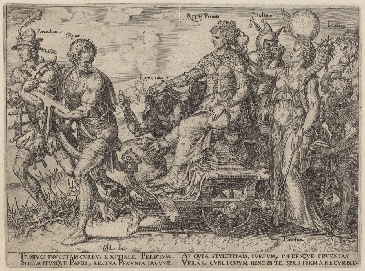 Fara, fattig, rån, drottning av pengar, dårskap, avund (faror och laster som följer med rikedom) av Philip Galle, after Maerten van Heemskerck