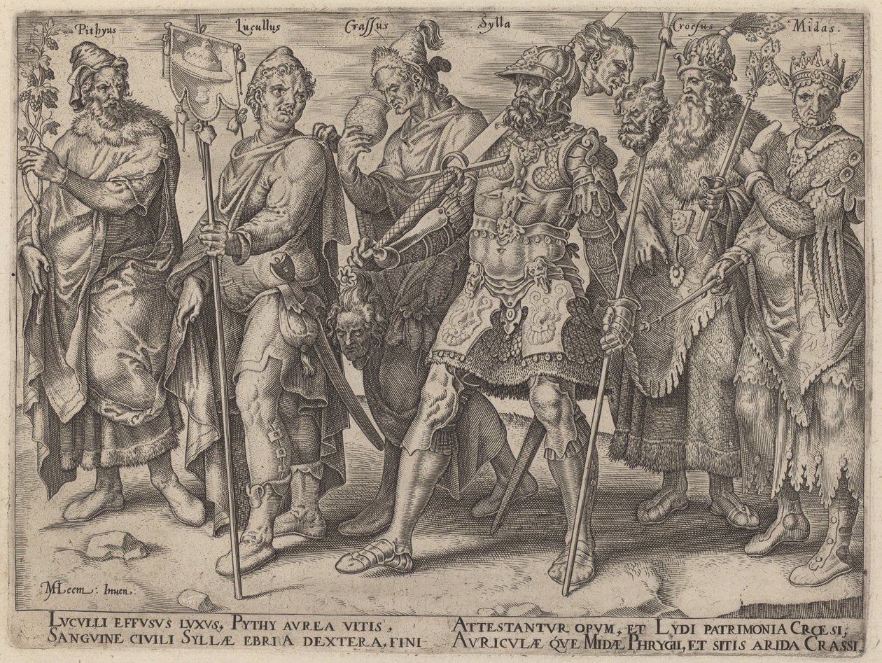 Pythius, Lucullus, Crassus, Sylla, Croesus, Midas (ökända exempel på rikedom från antiken) av Philip Galle, after Maerten van Heemskerck