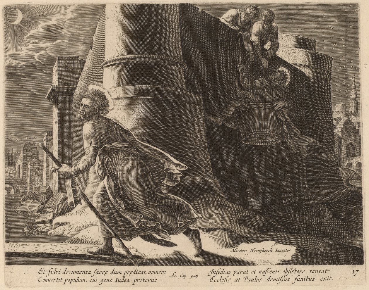 Saint Paul flyr från Damaskus av Philip Galle after Maerten van Heemskerck