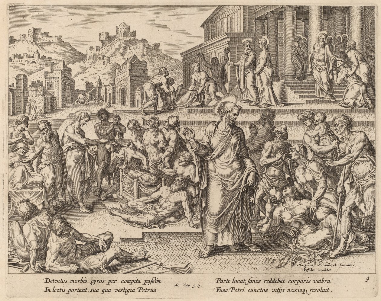 Sankt Peter botar de sjuka med sin skugga av Philip Galle after Maerten van Heemskerck