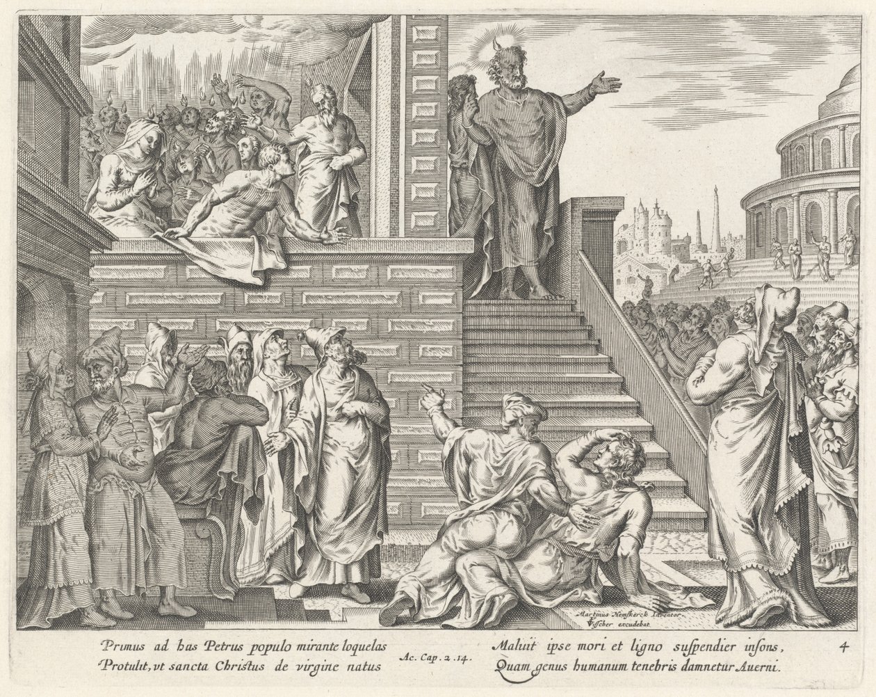 Sankt Peter talar till folket om Kristus av Philip Galle after Maerten van Heemskerck