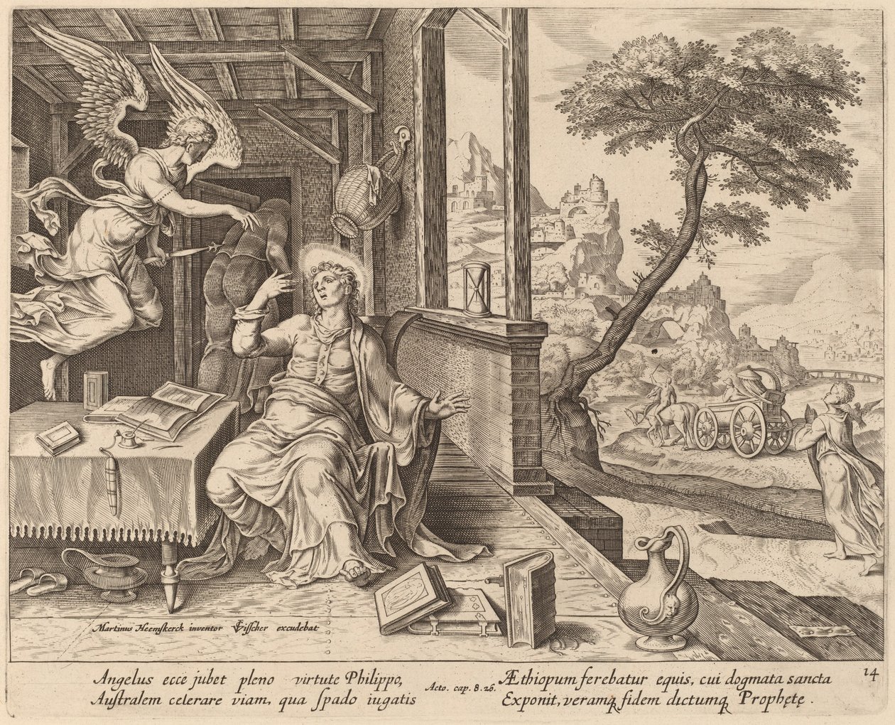 Ängeln beordrar den helige Filip att följa med den etiopiske eunucken av Philip Galle after Maerten van Heemskerck