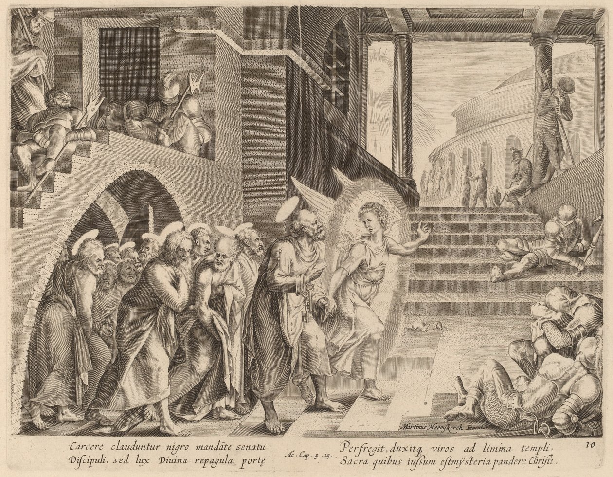 Apostlarna befriade från fängelset av en ängel av Philip Galle after Maerten van Heemskerck