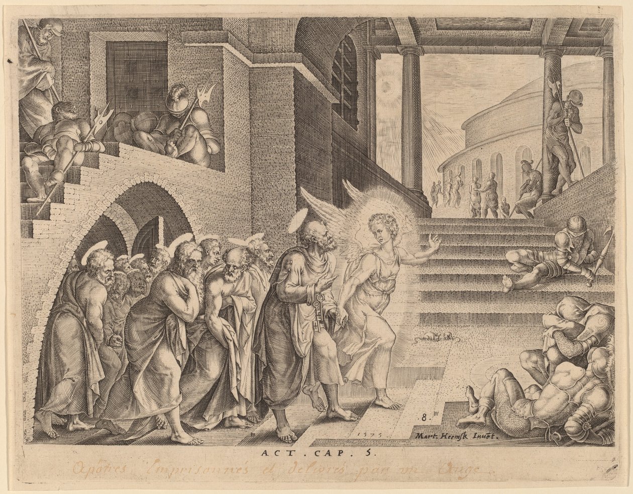 Apostlarna befriade från fängelset av en ängel av Philip Galle after Maerten van Heemskerck