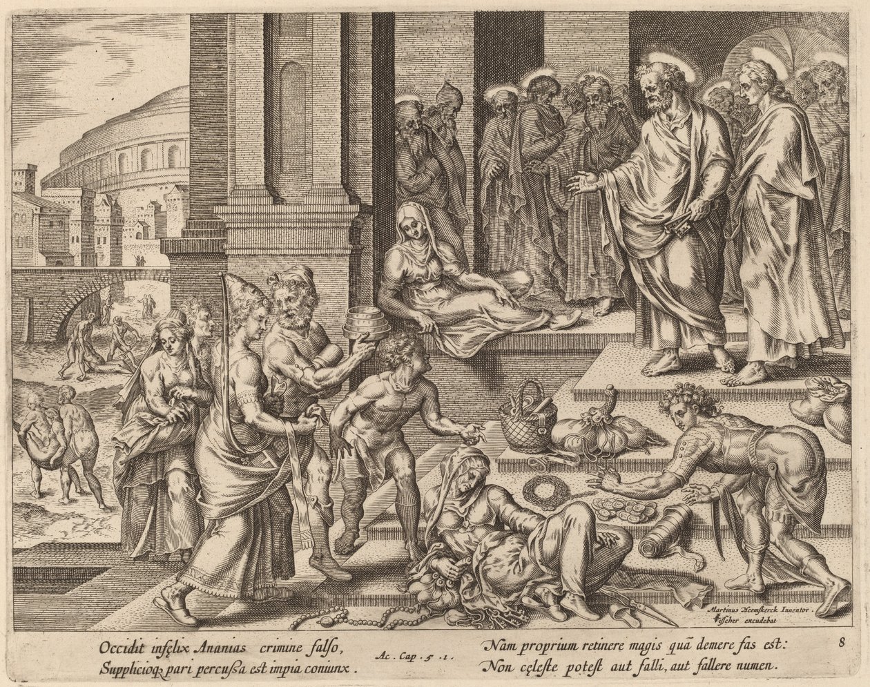 Ananias och Safiras död av Philip Galle after Maerten van Heemskerck