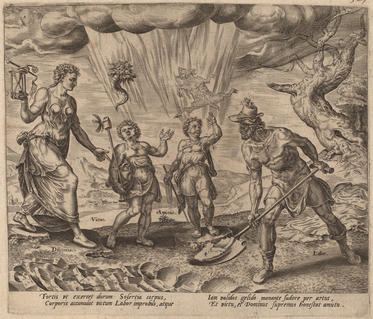 Herren som ger den flitige arbetaren mat och kläder av Philip Galle after Maerten van Heemskerck