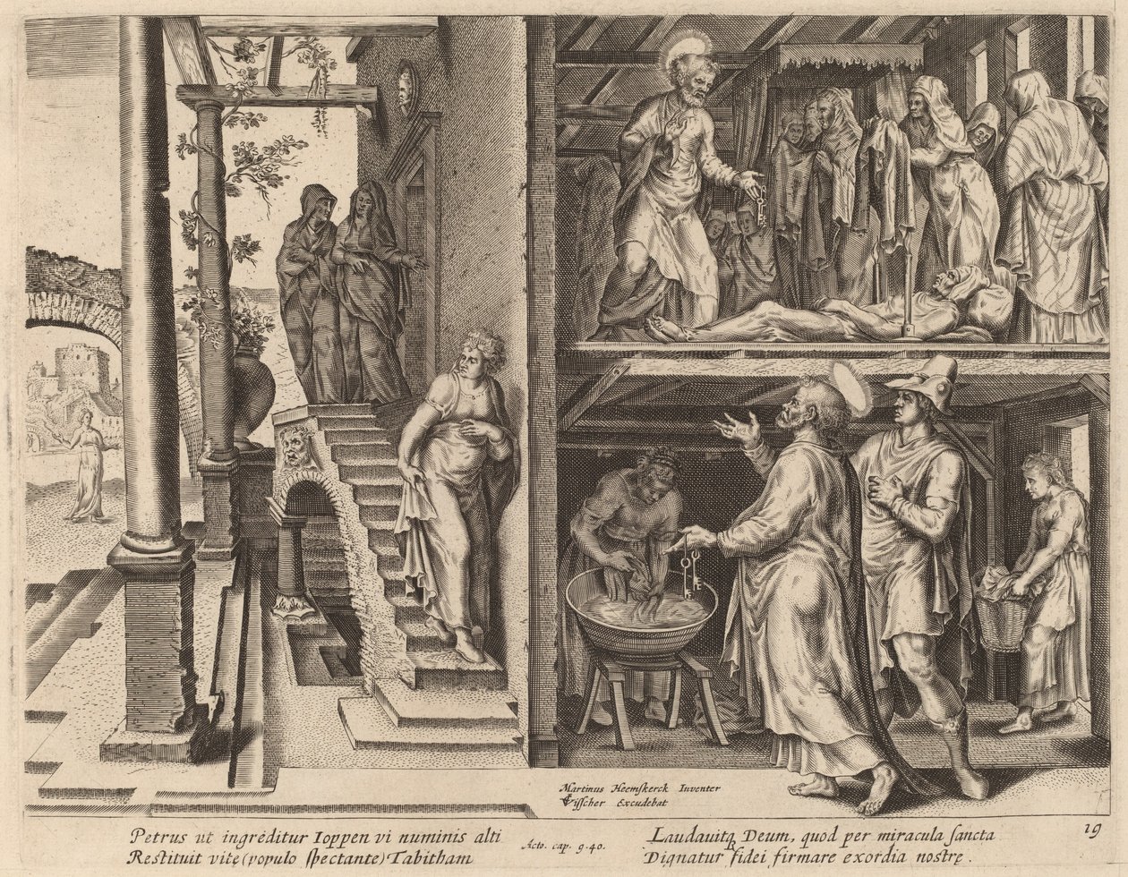 Resandet av Tabitha av Philip Galle after Maerten van Heemskerck