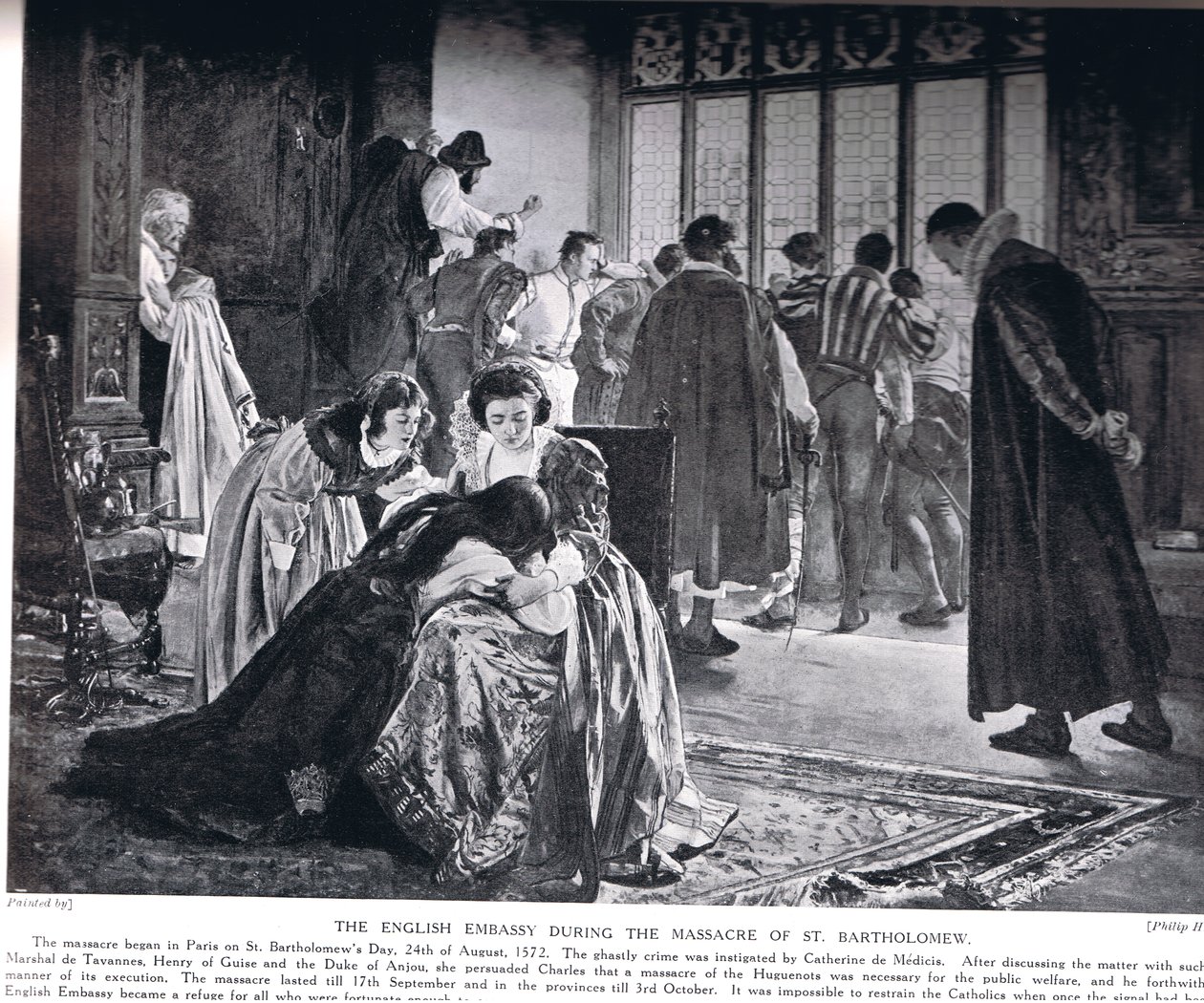 Den engelska ambassaden under massakern i St Bartholomew, illustration från Hutchinson