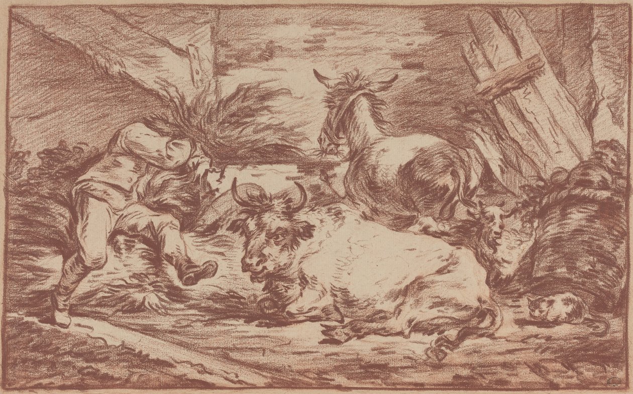 Djur i ett stall (röd krita på liggande papper) av Philip James de (1740-1812) Loutherbourg