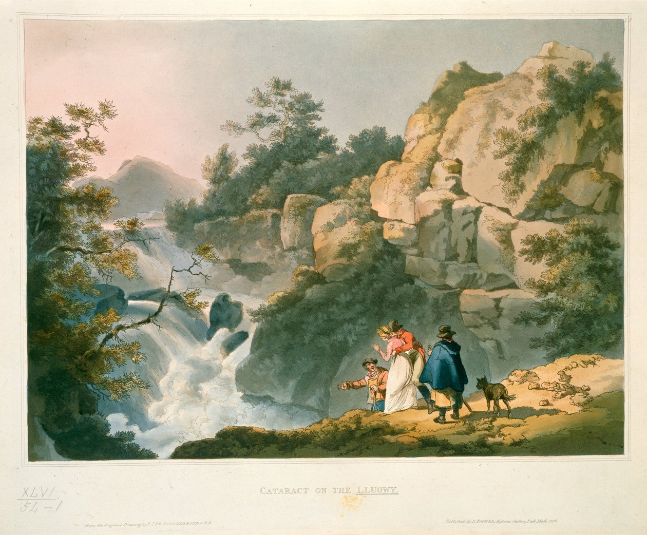 Turister tittar på ett vattenfall, grå starr på Llugwy av Philip James de Loutherbourg
