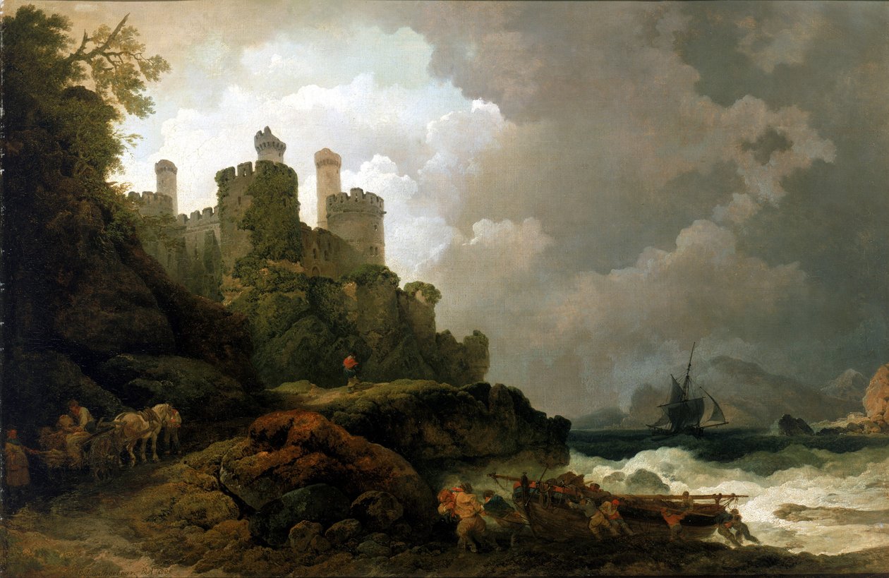 En fiskebåt dras upp på land, nära Conwy Castle (Wales). Olja på duk, omkring 1800, av Philippe-Jacques (Philippe Jacques) de Loutherbourg (1740-1812). av Philip James de (1740-1812) Loutherbourg