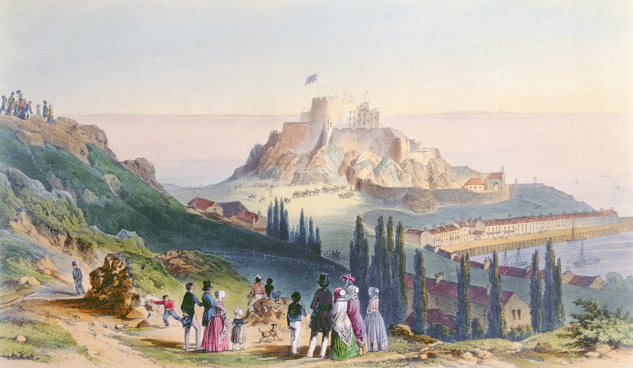 Hennes Majestäts ankomst till berget Orgueil, 3 september 1846, från besöket av drottning Victoria i Jersey, graverad av H. Walter, 1847 av Philip John Ouless