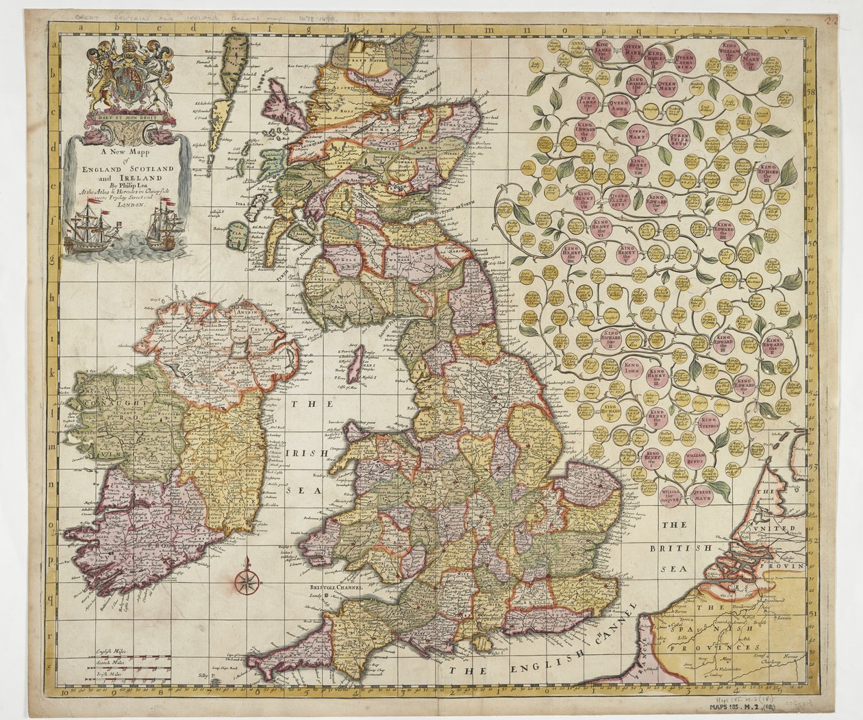En ny karta över England, Skottland och Irland, ca 1690 (färgad gravyr) av Philip Lea