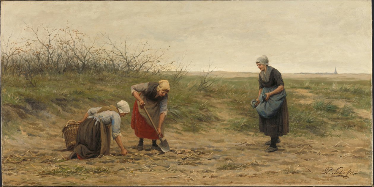 Kvinnor från Scheveningen skördar potatis på ett fält av Philip Lodewijk Jacob Frederick Sadee