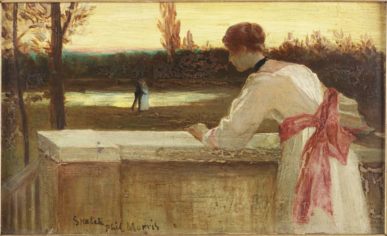 Flicka på en balkong tittar på ett par vid en sjö (olja ombord) av Philip Richard Morris