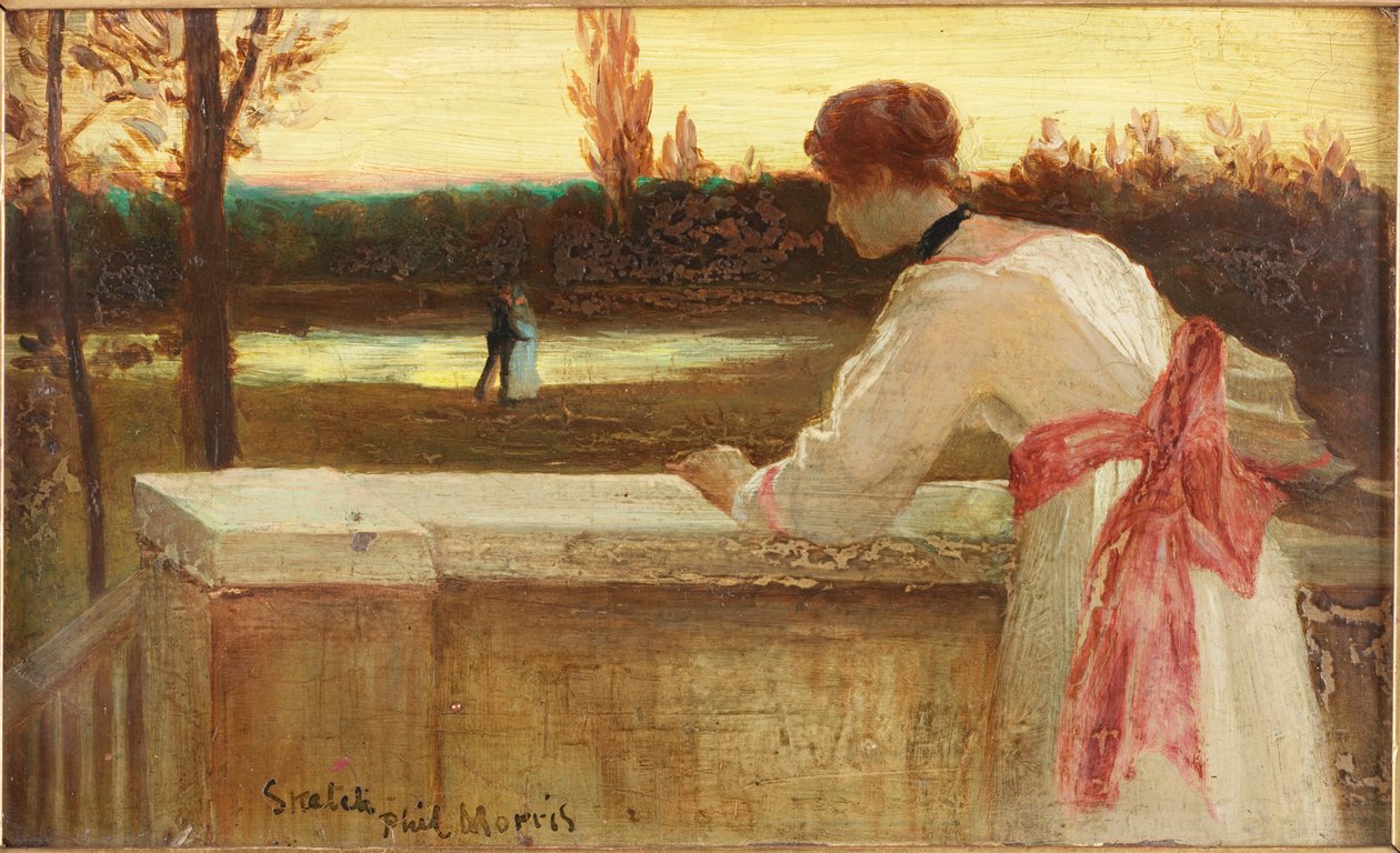 Flicka på en balkong tittar på ett par vid en sjö av Philip Richard Morris