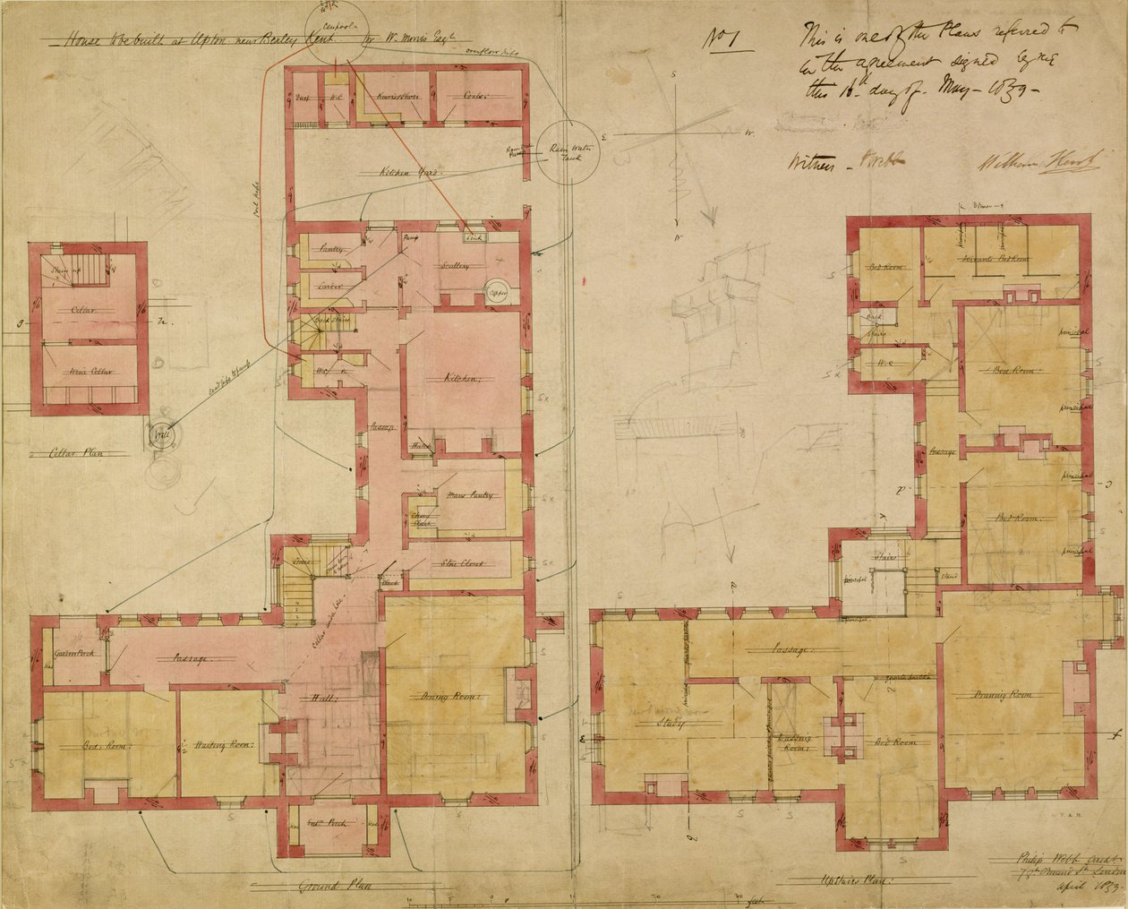 Planer för Röda huset, Bexley Heath, 1859 (penna och bläck och wc på papper) av Philip Webb