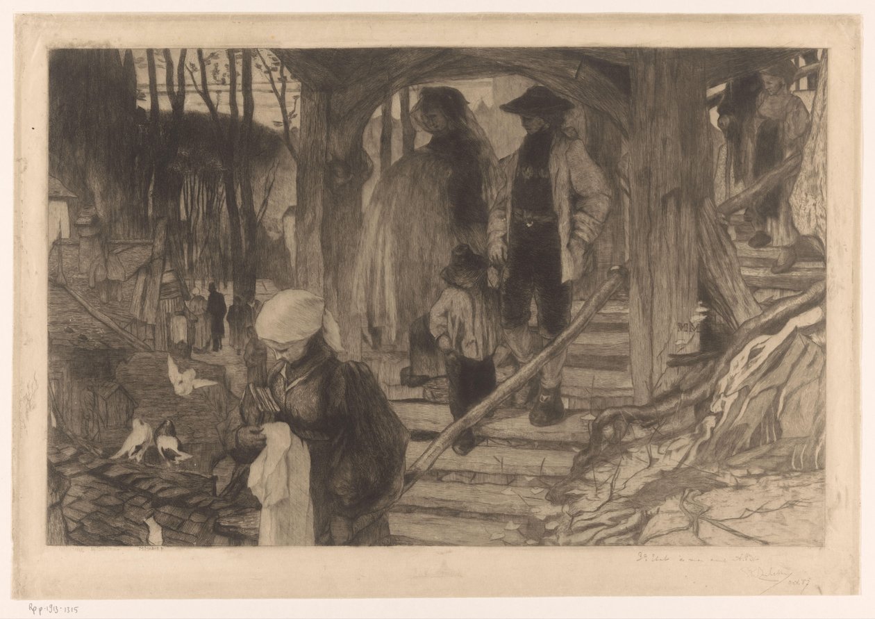 Bönder går ner för en trappa Baptême à Fribourg (originaltitel) av Philip Zilcken (signed by artist)