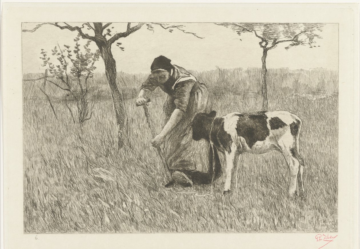 Grävande bondhustru med kalv Le veau (originaltitel) av Philip Zilcken (signed by artist)