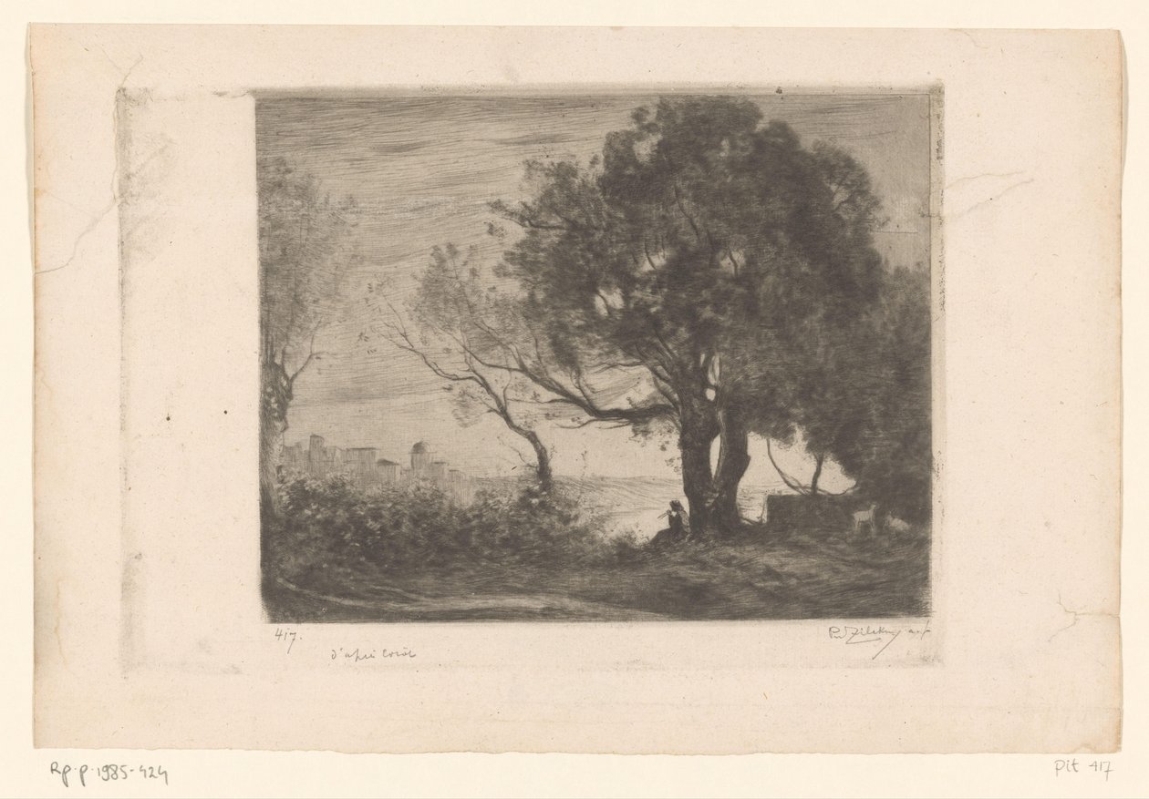 Landskap med en flöjtspelare under ett träd och en siluett av en stad Soir (originaltitel) av Philip Zilcken (signed by artist)