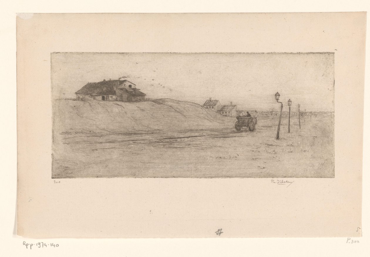 Landskap med hus, lyktor och vagn Banlieue de Bruxelles (originaltitel) av Philip Zilcken (signed by artist)