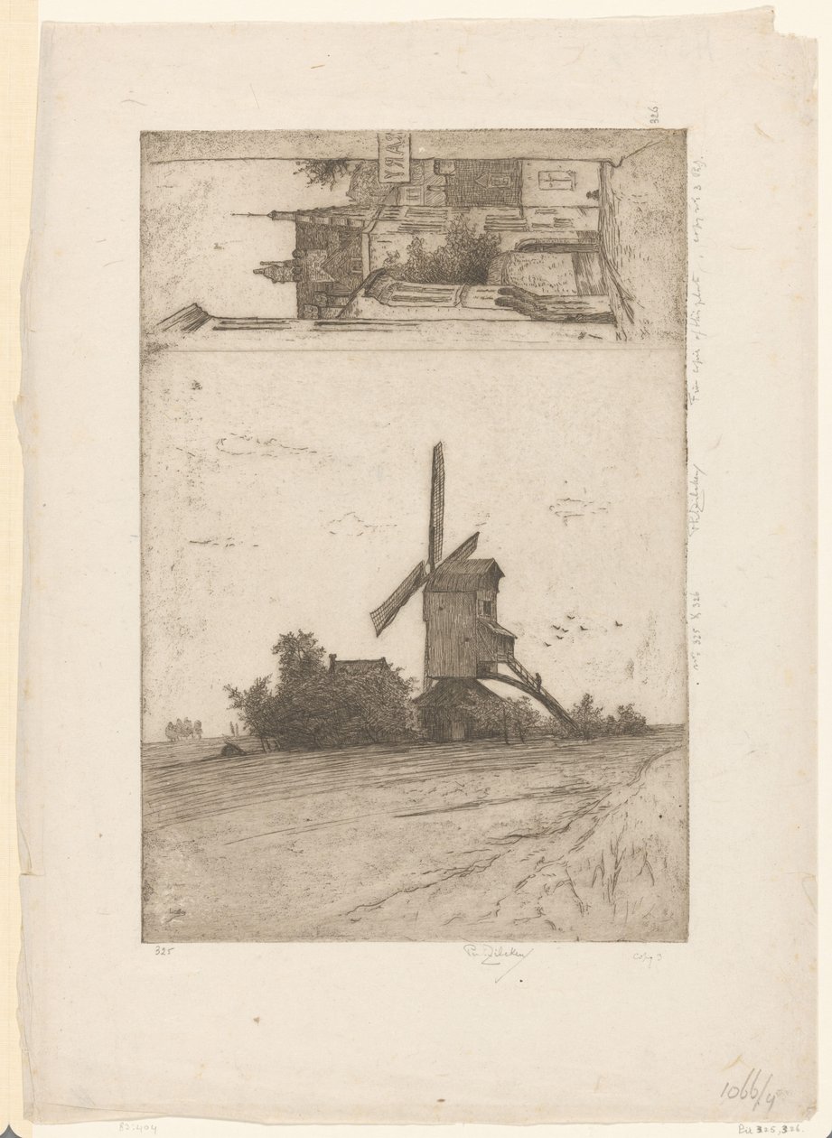 Väderkvarn i ett ängslandskap och utsikt i Ravensteinstraat i Bryssel Vieux moulin a Laeken / Rue Ravenstein (Bruxelles) (originaltitel) av Philip Zilcken (signed by artist)