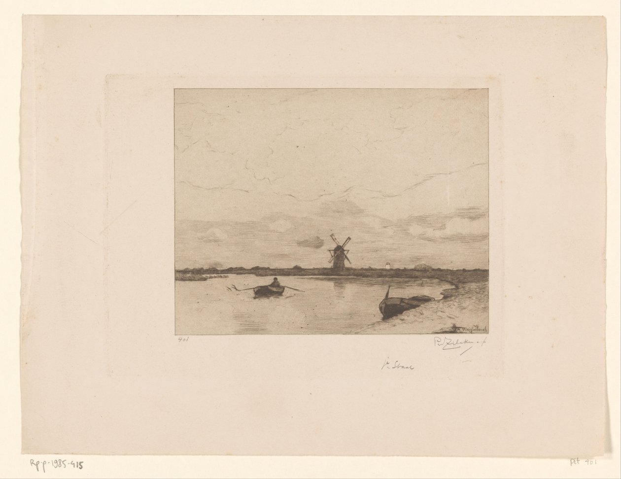 Segling med en roddbåt i ett ängslandskap med en väderkvarn Paysage (originaltitel) av Philip Zilcken (signed by artist)