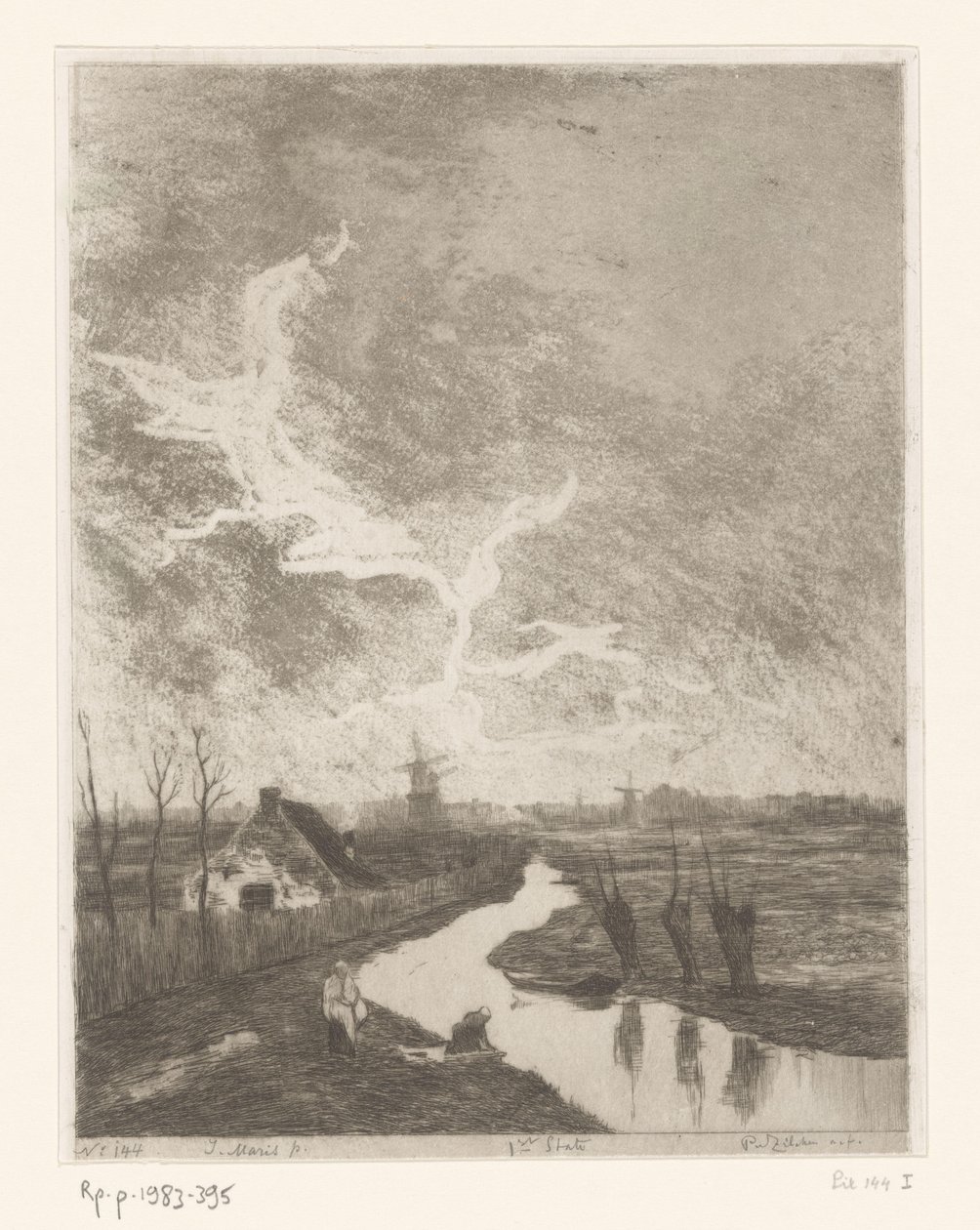 Ängslandskap med dike, gård och kvarnar Environs de La Haye (originaltitel) av Philip Zilcken (signed by artist)
