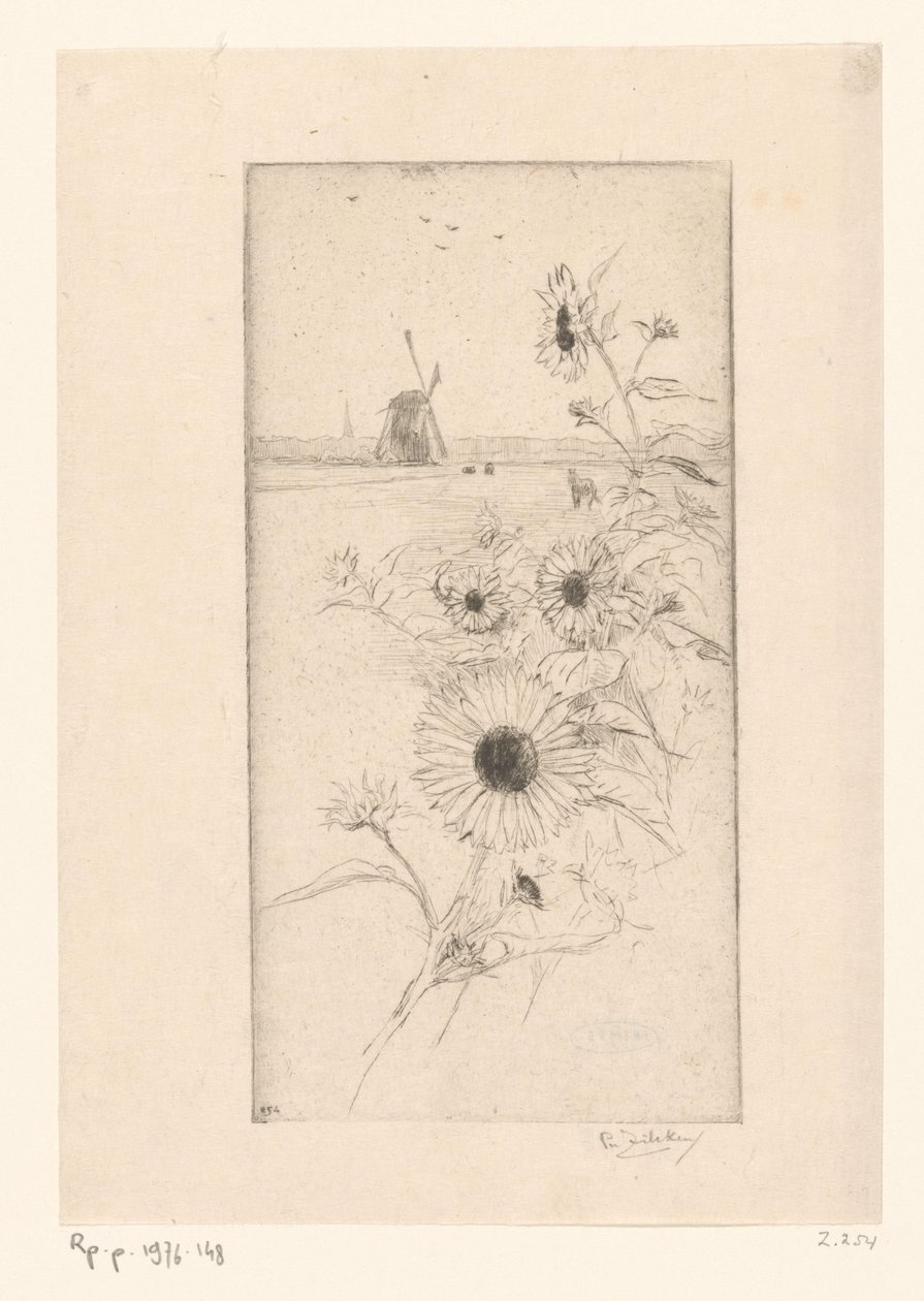 Solrosor för ett ängslandskap med hästar och kvarn Eutude de tournesols (originaltitel) av Philip Zilcken (signed by artist)