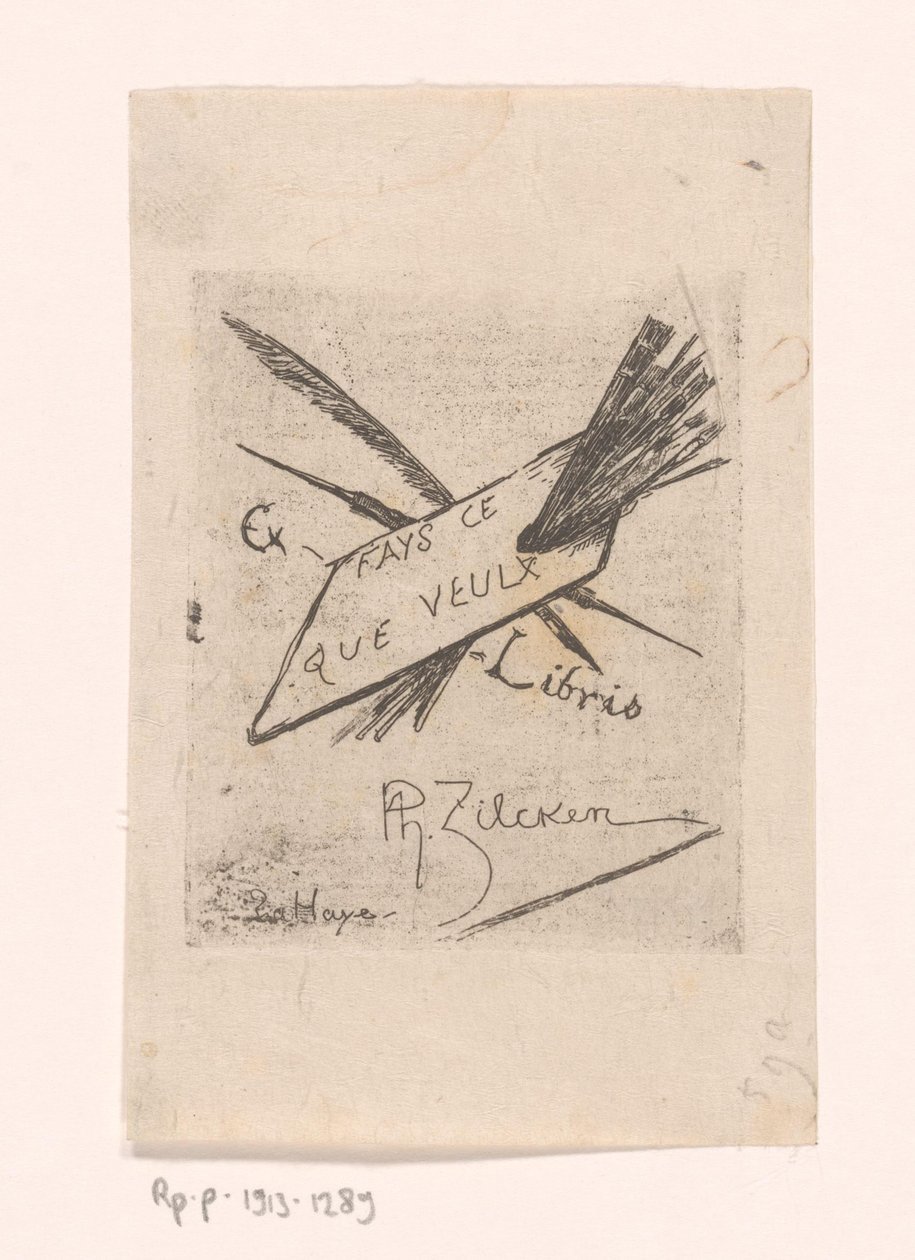 Ex libris med pennor, penslar och palett av Philip Zilcken