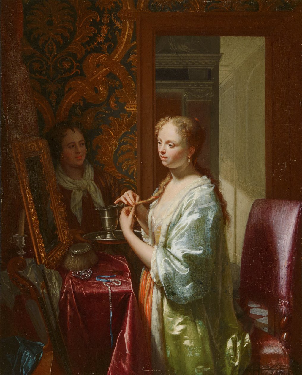 Dam vid hennes toalett, ca 1720 av Philip van Dijk