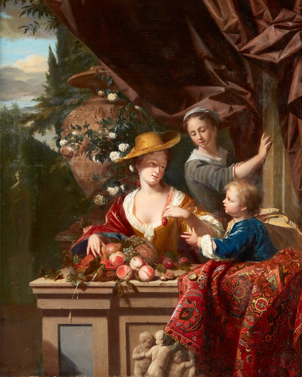 Eleganta figurer på en terrass med skål med olika frukter (olja på panel) av Philip van Dyck