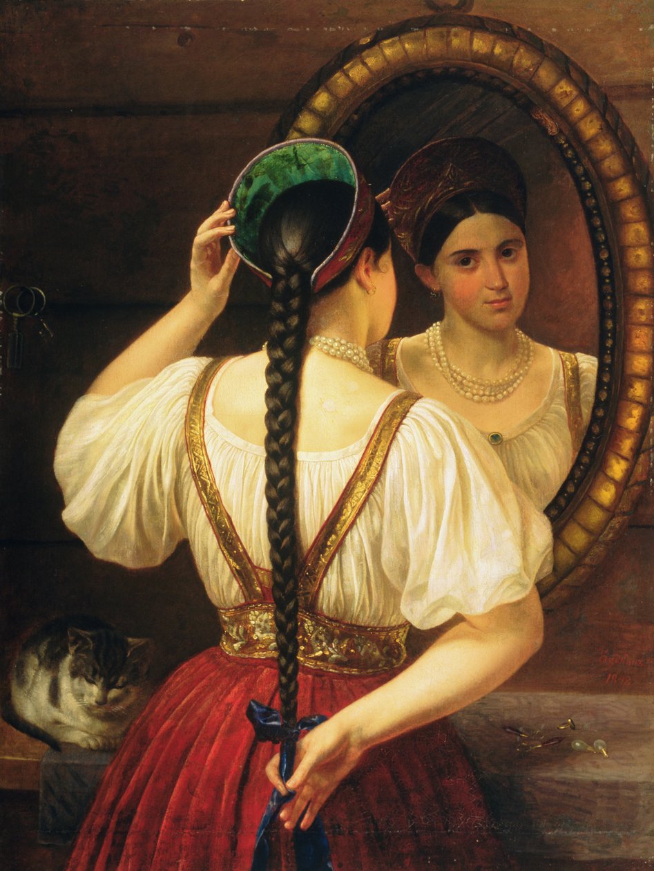 En flicka vid spegeln, 1848 av Philipp Osipovich Budkin