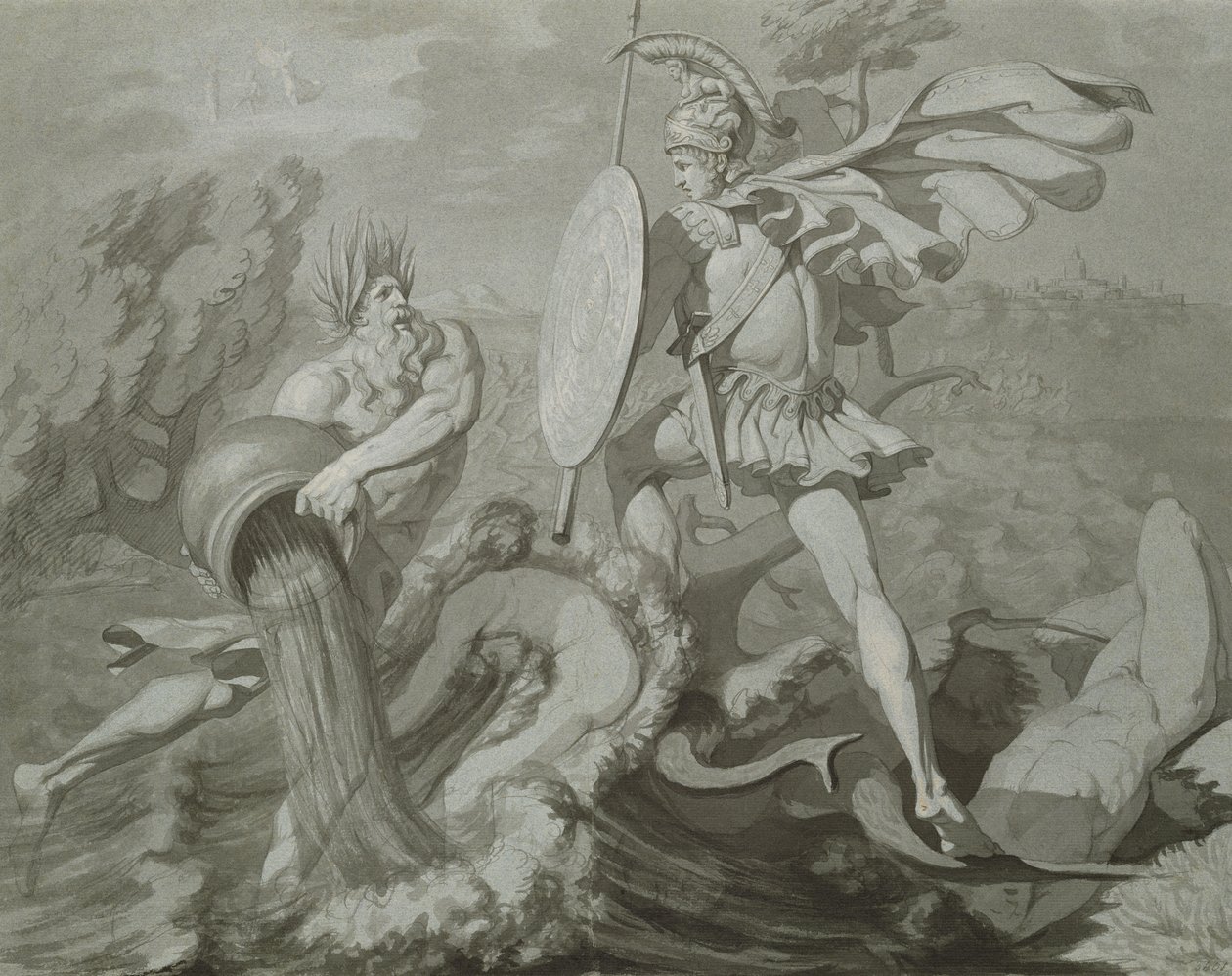 Achilles kamp med floden Scamander (svart och grått på papper) av Philipp Otto Runge