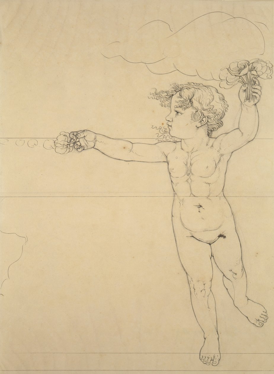 Höger Ande med en ros, studie för Morgon, 1809 (penna och svart bläck över penna på papper) av Philipp Otto Runge
