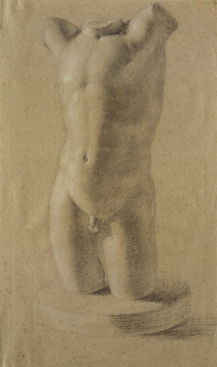 Torso of a Young Man på rund sockel, 1800 (svartvit krita på grått papper) av Philipp Otto Runge