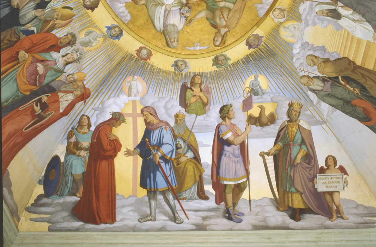Valv i Dantes rum, detalj: Dante, Beatrice, Kejsarinna Constance, Clarissa Piccarda Romeo från Villanova och kejsar Justinianus av Philipp Veit