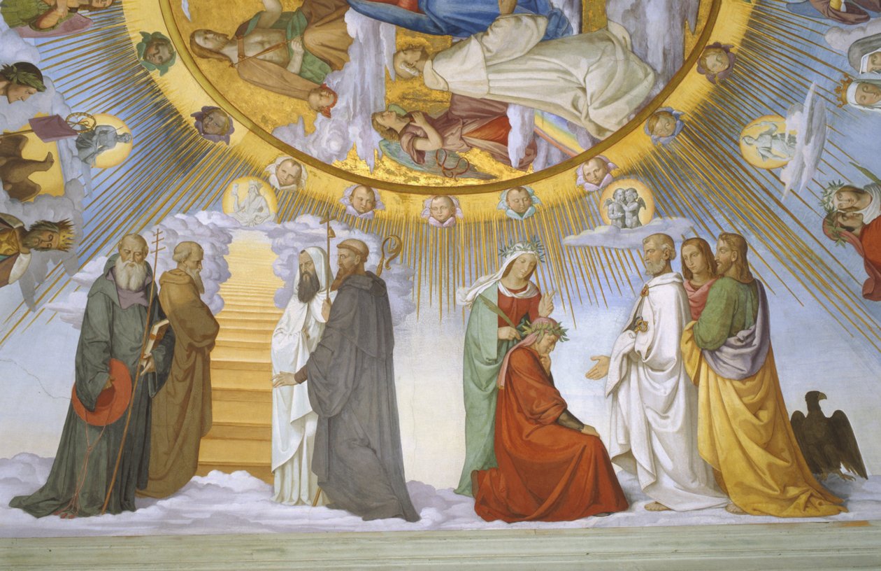 Valv i Dantes rum, detalj: Dante, Beatrice, Kejsarinna Constance, Clarissa Piccarda Romeo från Villanova och kejsar Justinianus av Philipp Veit
