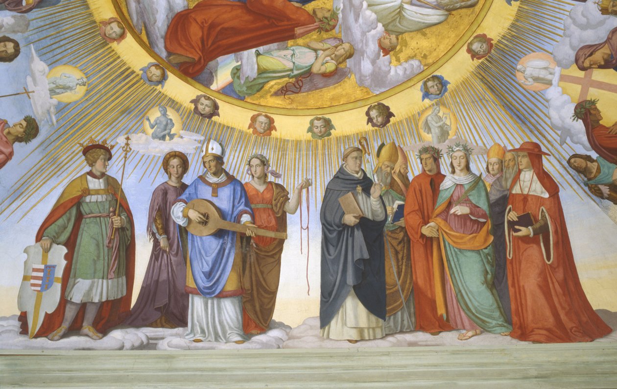 Valv i Dantes rum, detalj: Dante, Beatrice, Kejsarinna Constance, Clarissa Piccarda Romeo från Villanova och kejsar Justinianus av Philipp Veit