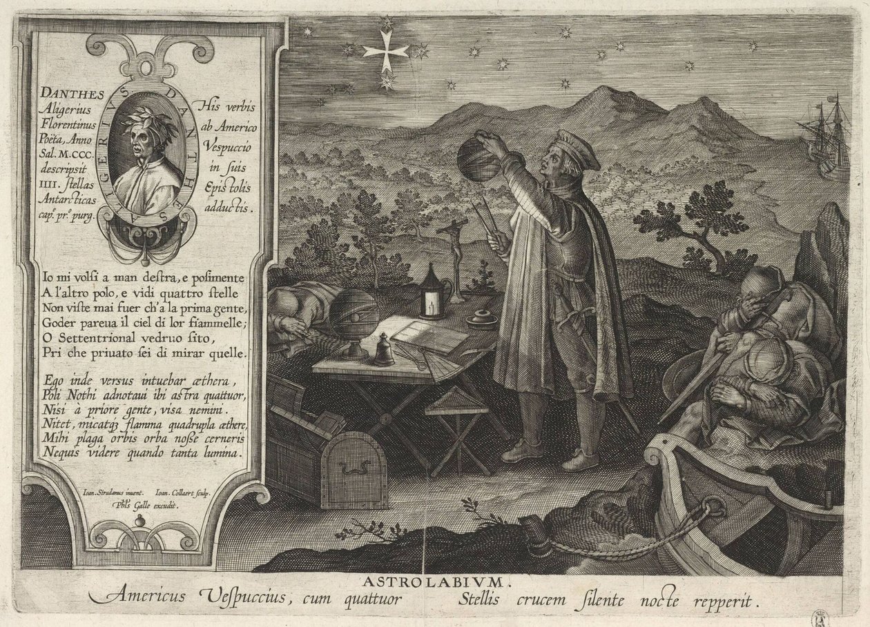 Amerigo Vespucci hittar konstellationen södra korset med en astrolabium Americae Retectio, 1591 av Philipp Galle