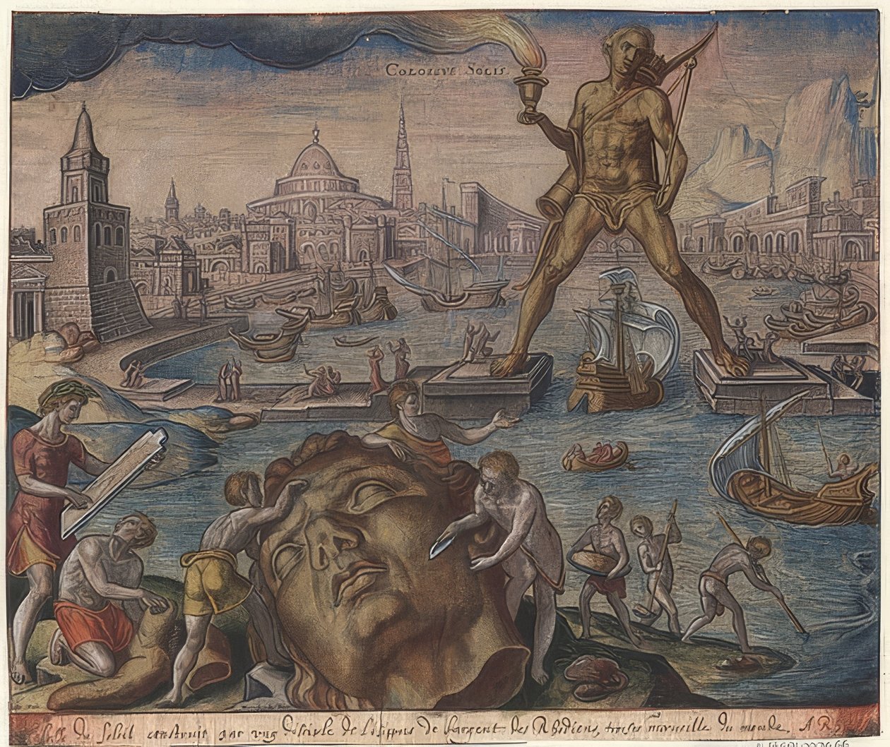 Kolossen på Rhodos (från sekvensen av världens sju underverk). Efter Maarten van Heemskerck. 1572 av Philipp Galle