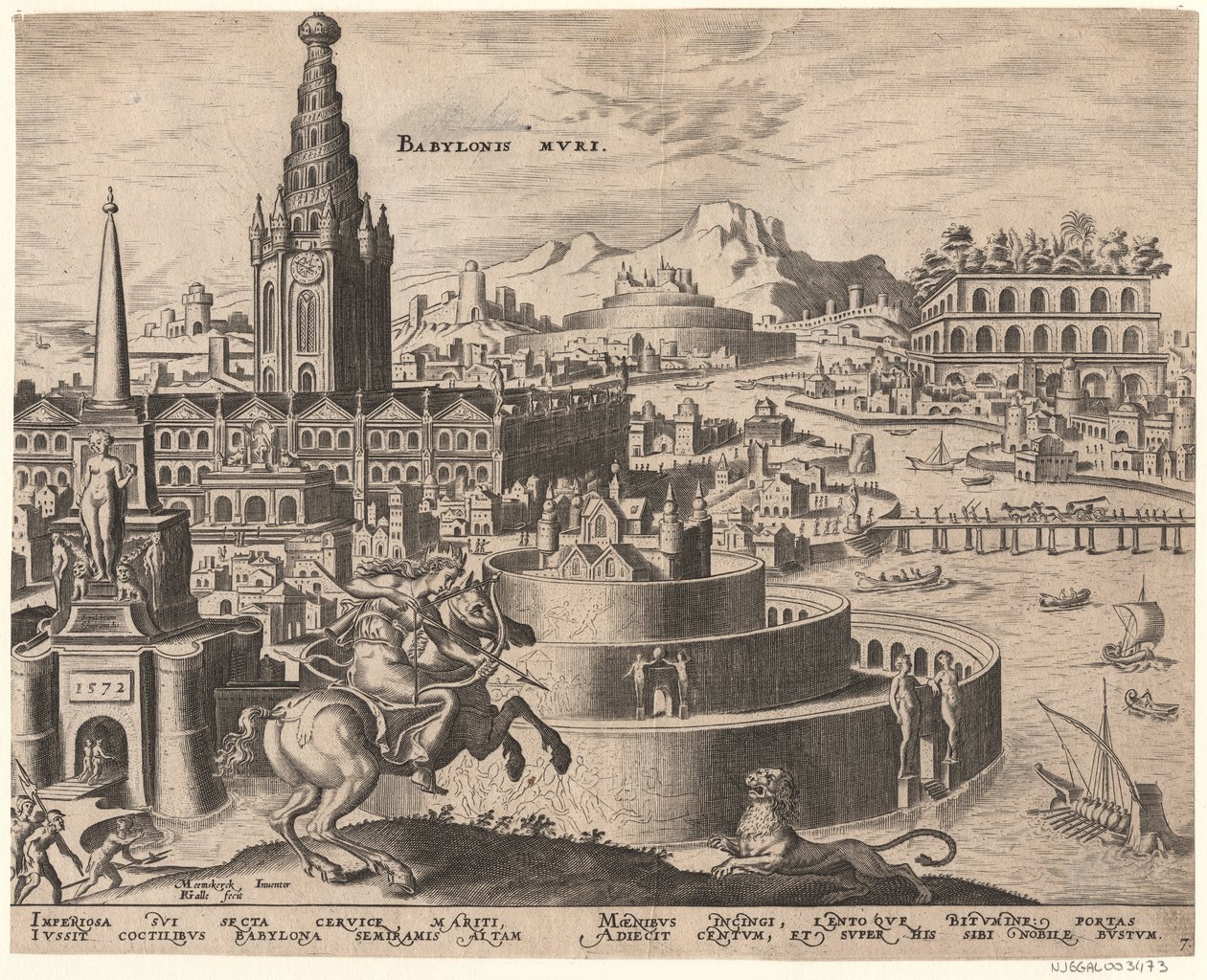Die Mauern von Babylon från serien Världens åttonde underverk efter Maarten van Heemskerck, 1572 av Philipp Galle