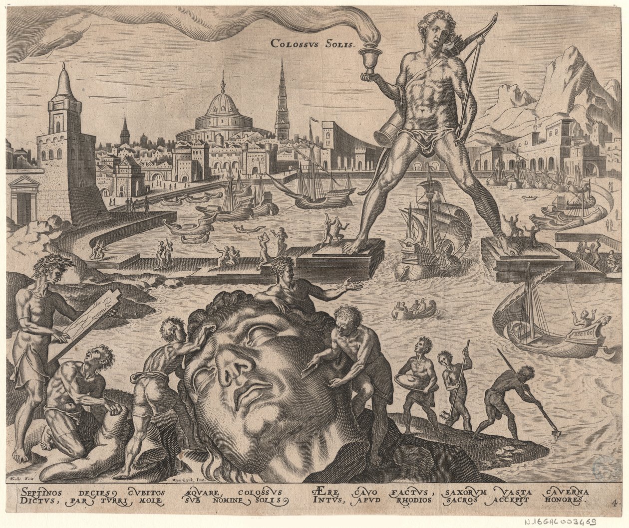 The Colossus of Rhodes från serien Världens åttonde underverk efter Maarten van Heemskerck, 1572 av Philipp Galle